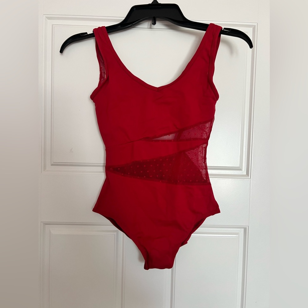 Women’s Red Leotard - Size Small (4) - Swiss Dot Details- KH Martin
